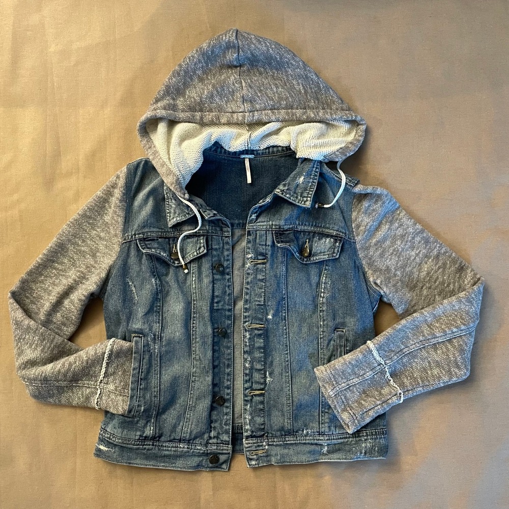 Free People Knit Hooded Denim Jacket Size L Distressed Jean Jacket Tomboy Edgy - Picture 2 of 14